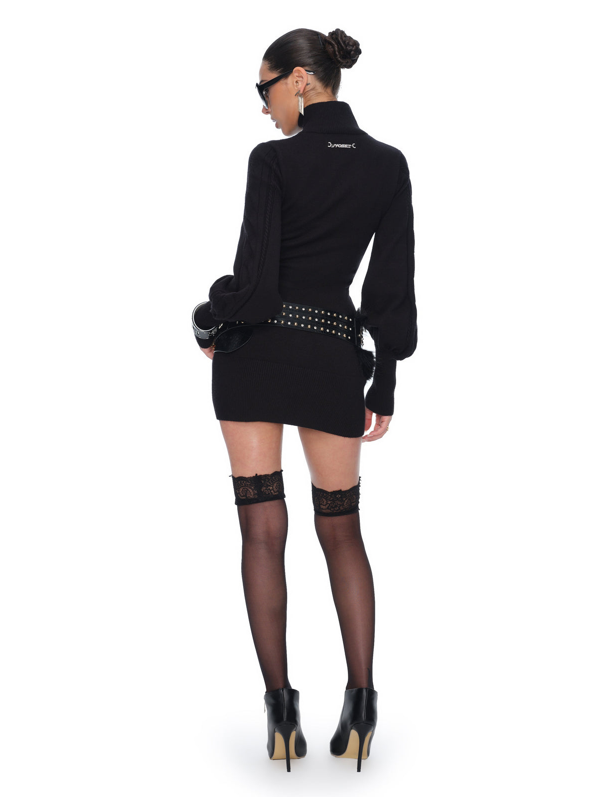 Rita Napoleon Button Knit Mini Dress with Lantern Sleeves and High Neck