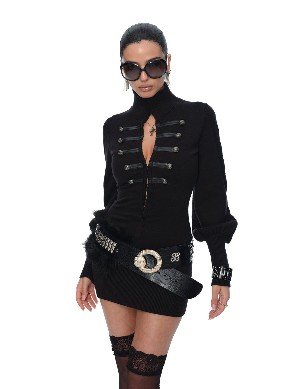 Rita Napoleon Button Knit Mini Dress with Lantern Sleeves and High Neck