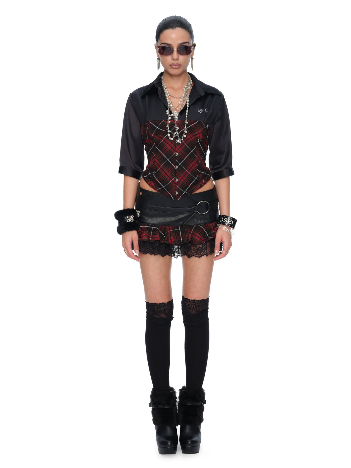 Sloane Red and Black Plaid Satin Lace-Up Fitted Top