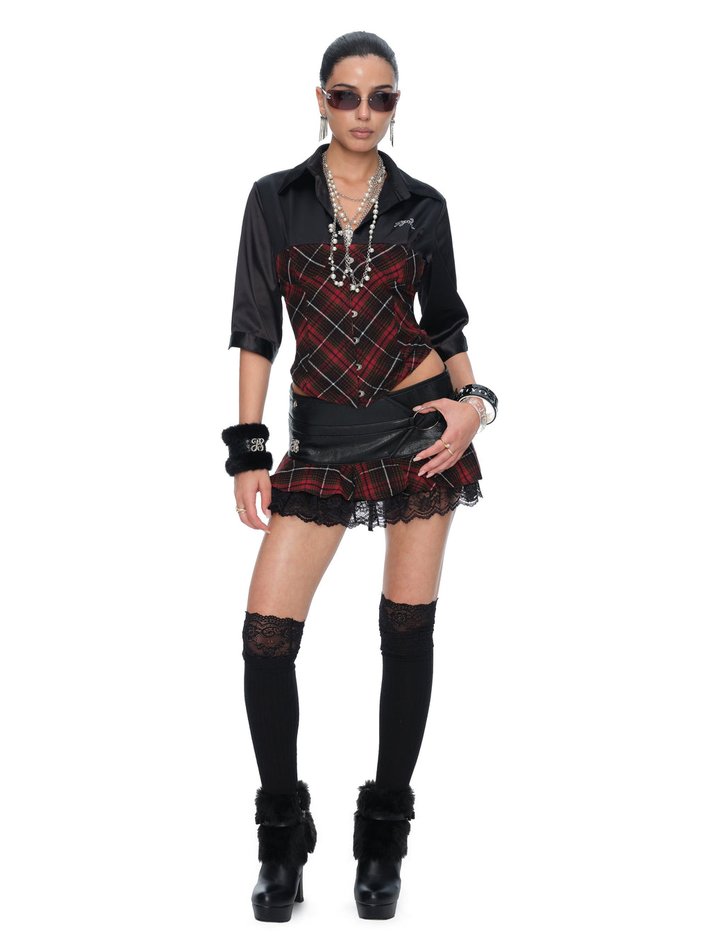 Sloane Red and Black Plaid Satin Lace-Up Fitted Top