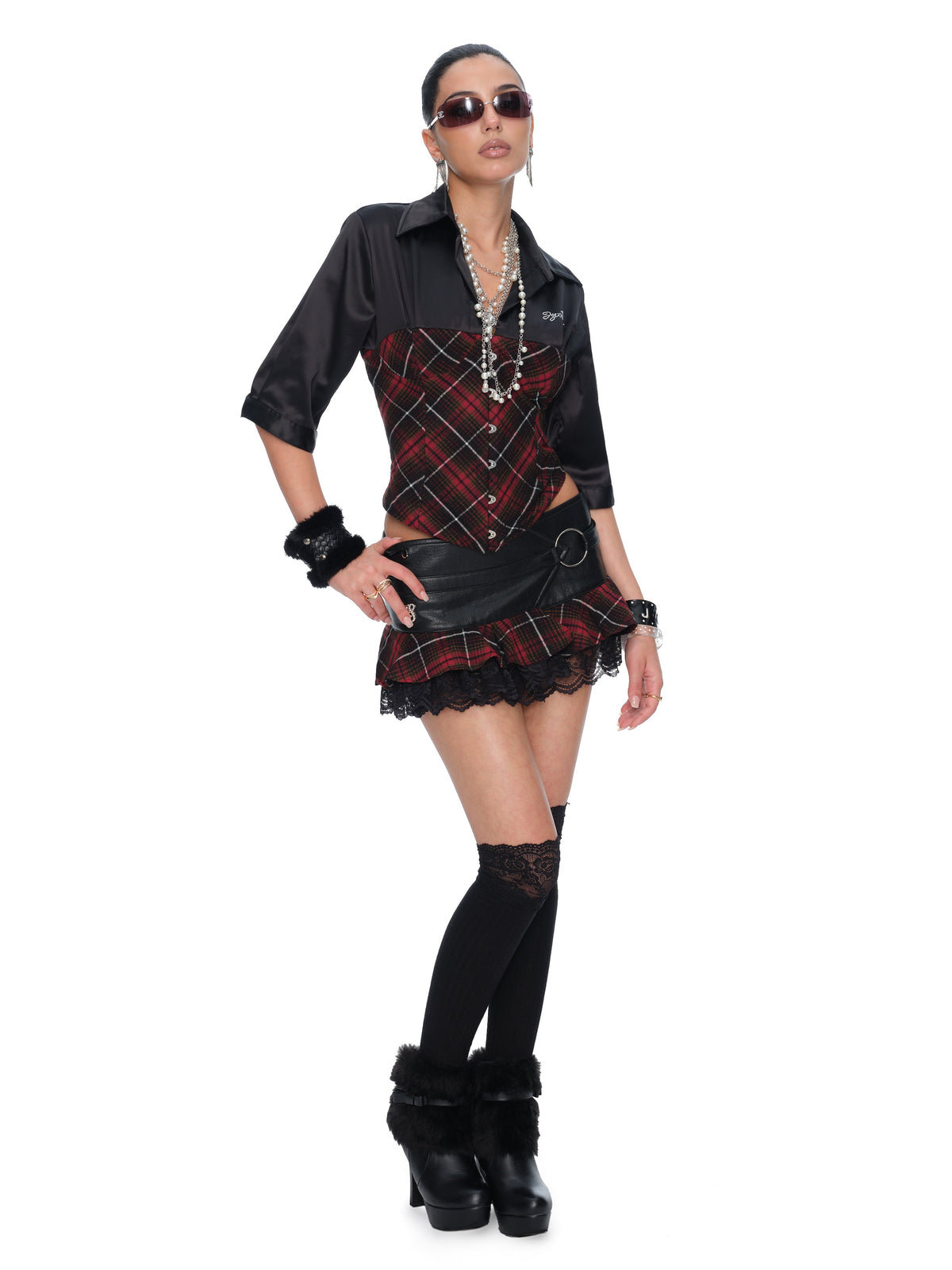 Sloane Red and Black Plaid Satin Lace-Up Fitted Top