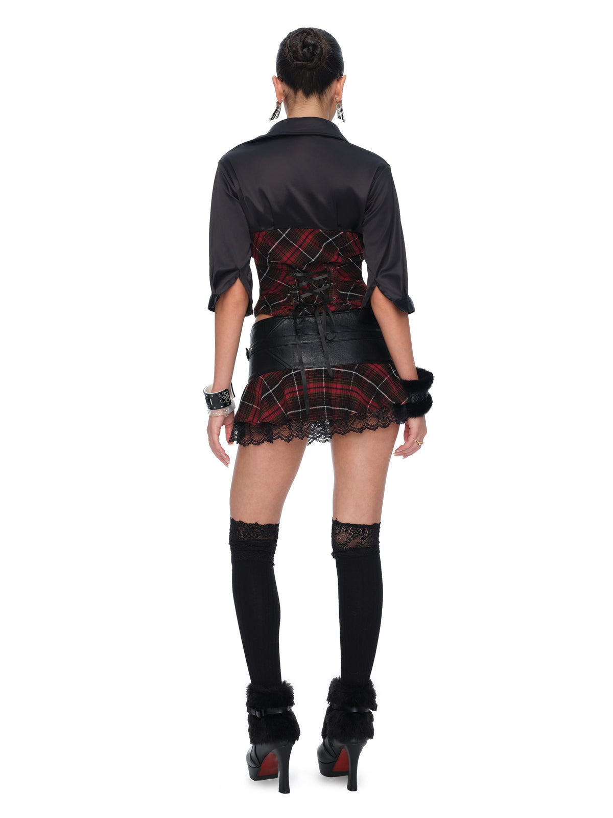 Sloane Low-Rise Red Plaid PU Leather Rhinestone Lace Pleated Mini Skirt