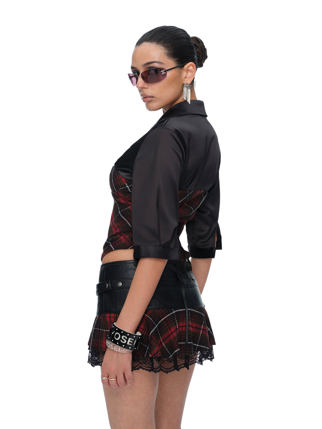 Sloane Low-Rise Red Plaid PU Leather Rhinestone Lace Pleated Mini Skirt