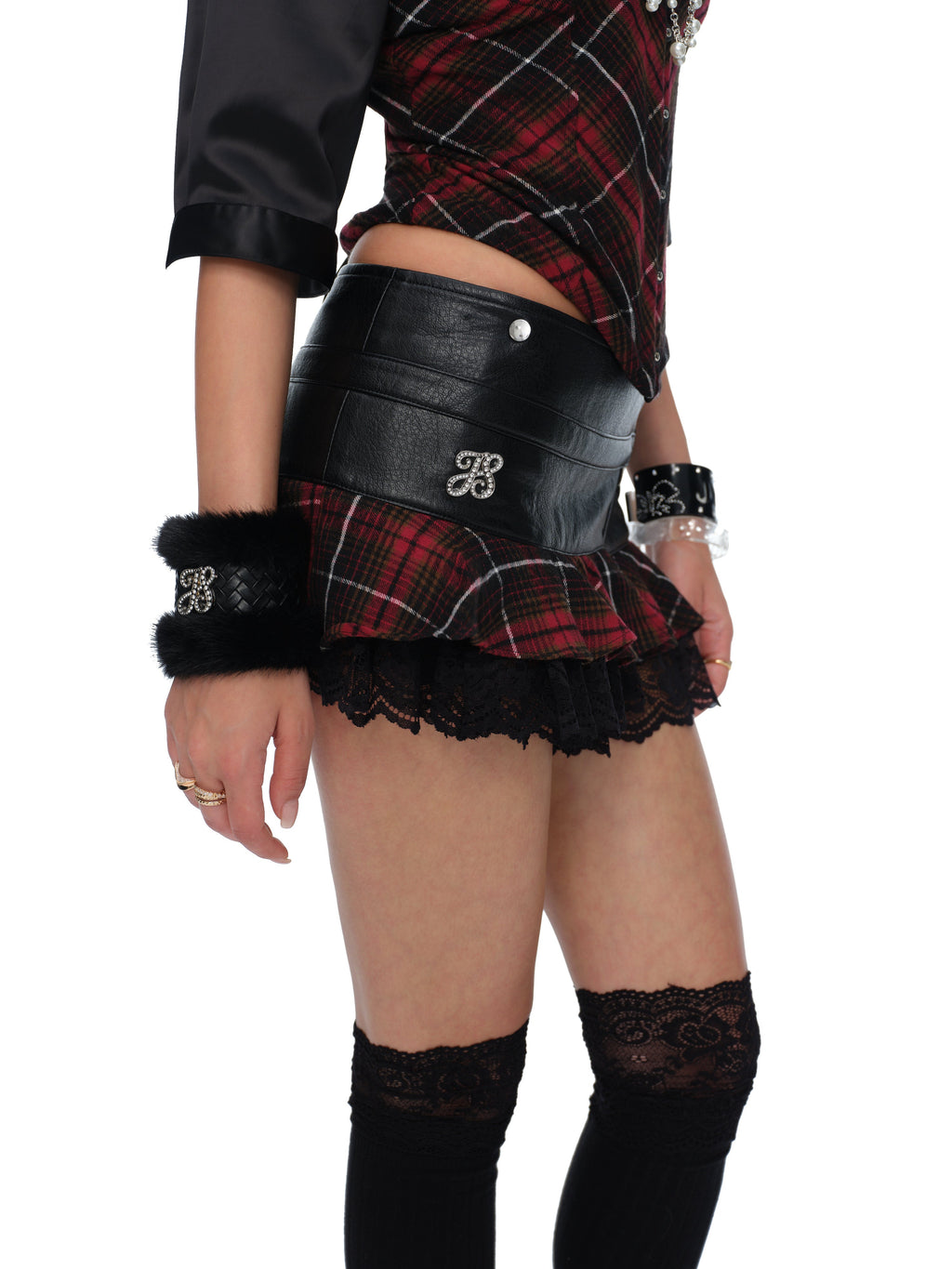 Sloane Low-Rise Red Plaid PU Leather Rhinestone Lace Pleated Mini Skirt