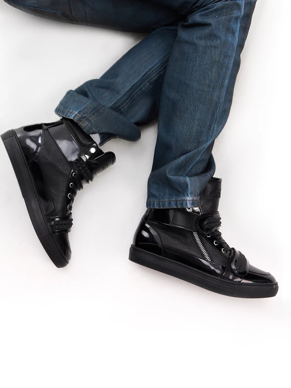 Embossed Rivet High-Top Sneakers – Black Punk Streetwear Shoes