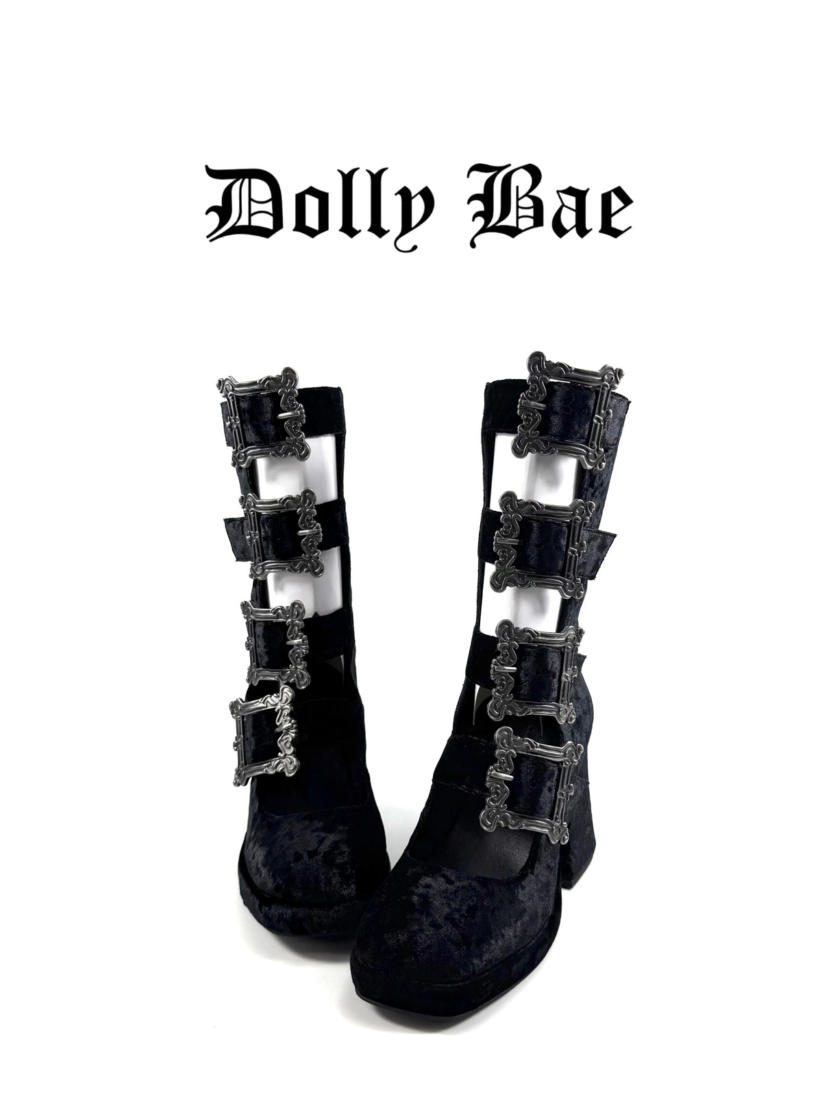 Dollybae Carved Square-Buckle Hollow Skinny Boots