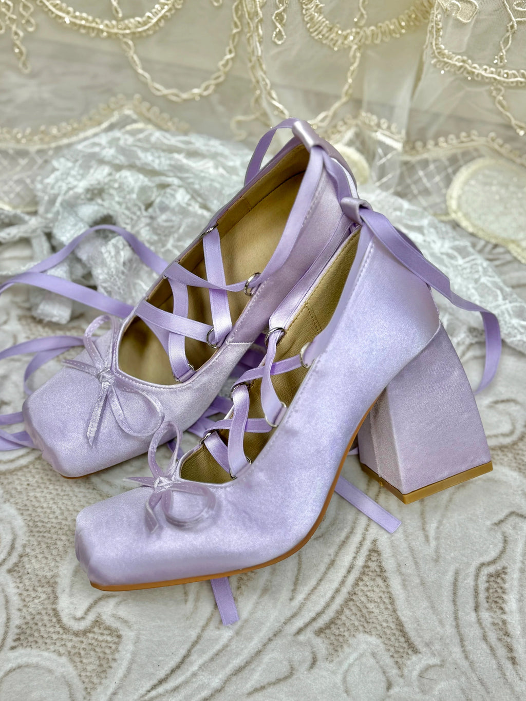 Dollybae Thick-Heeled Satin Butterfly Heels