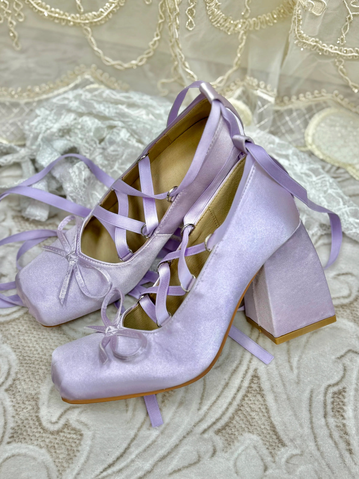 Dollybae Thick-Heeled Satin Butterfly Heels
