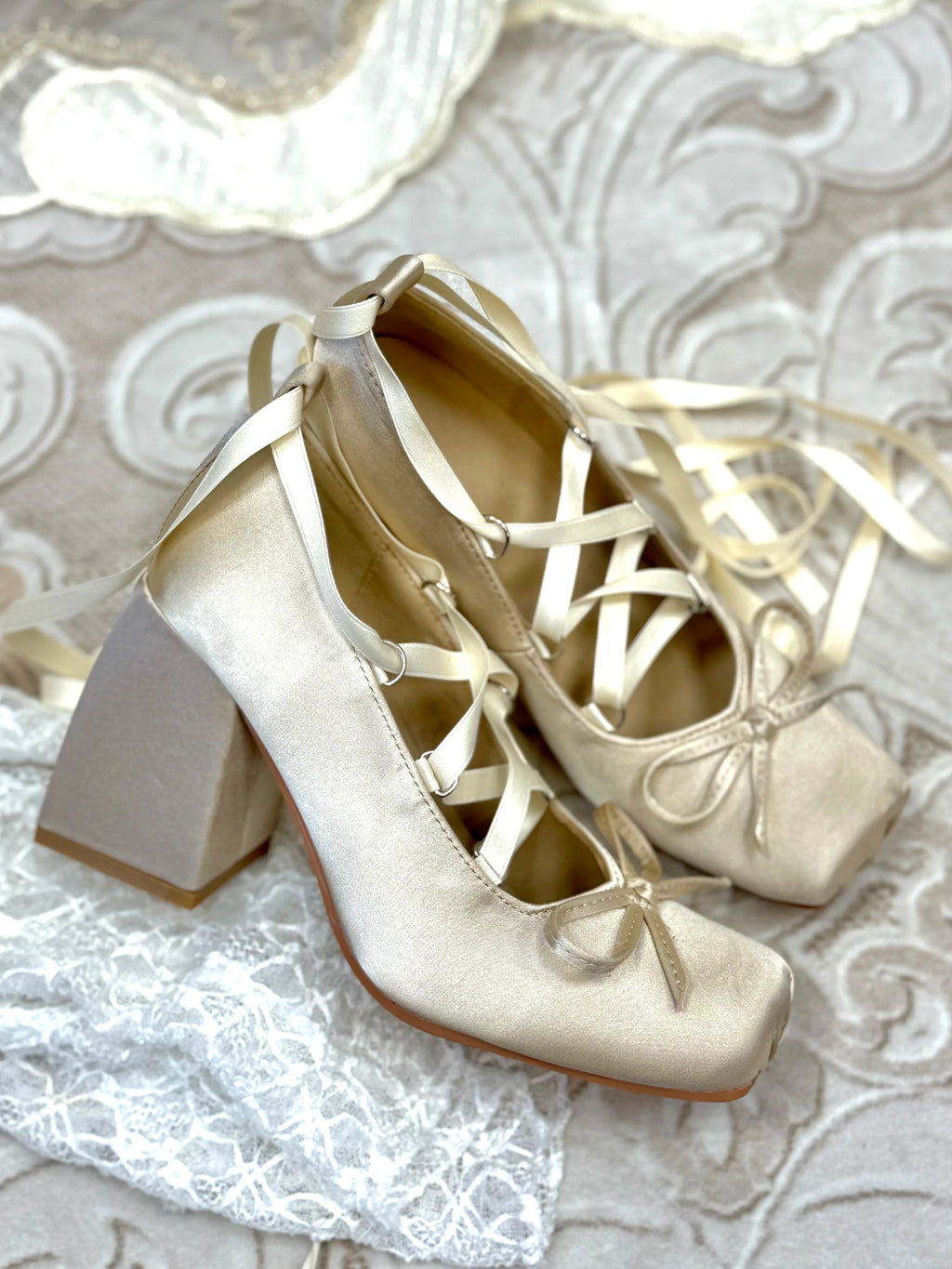 Dollybae Thick-Heeled Satin Butterfly Heels