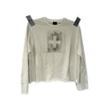 Beige pleat long sleeve tee with faded cross graphic