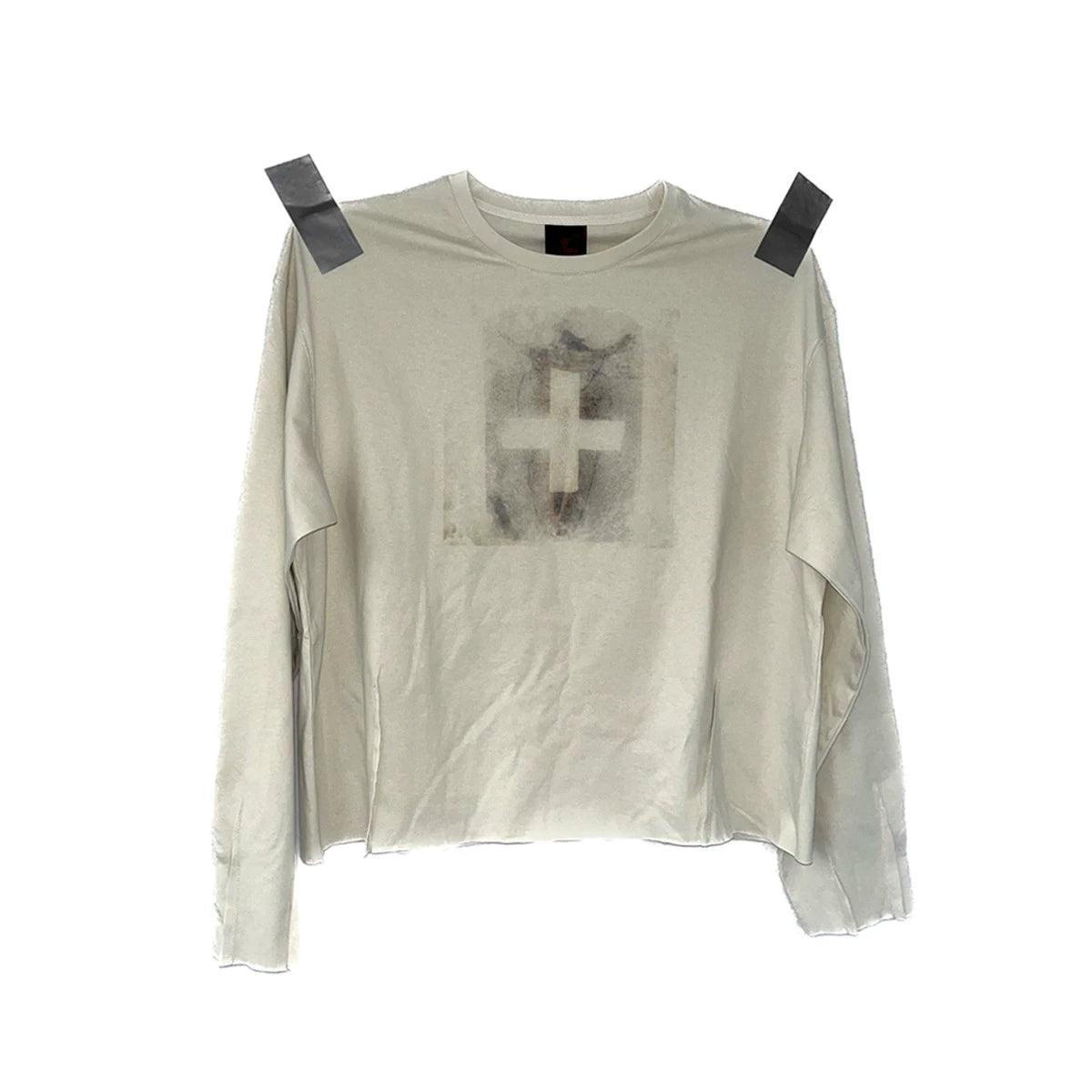 Beige pleat long sleeve tee with faded cross graphic
