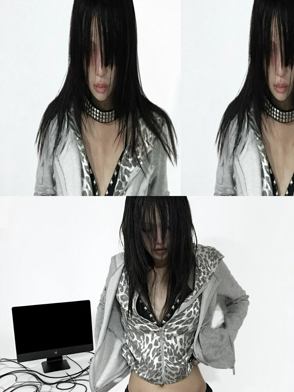 Silver Leopard Print Layered Hoodie - detail