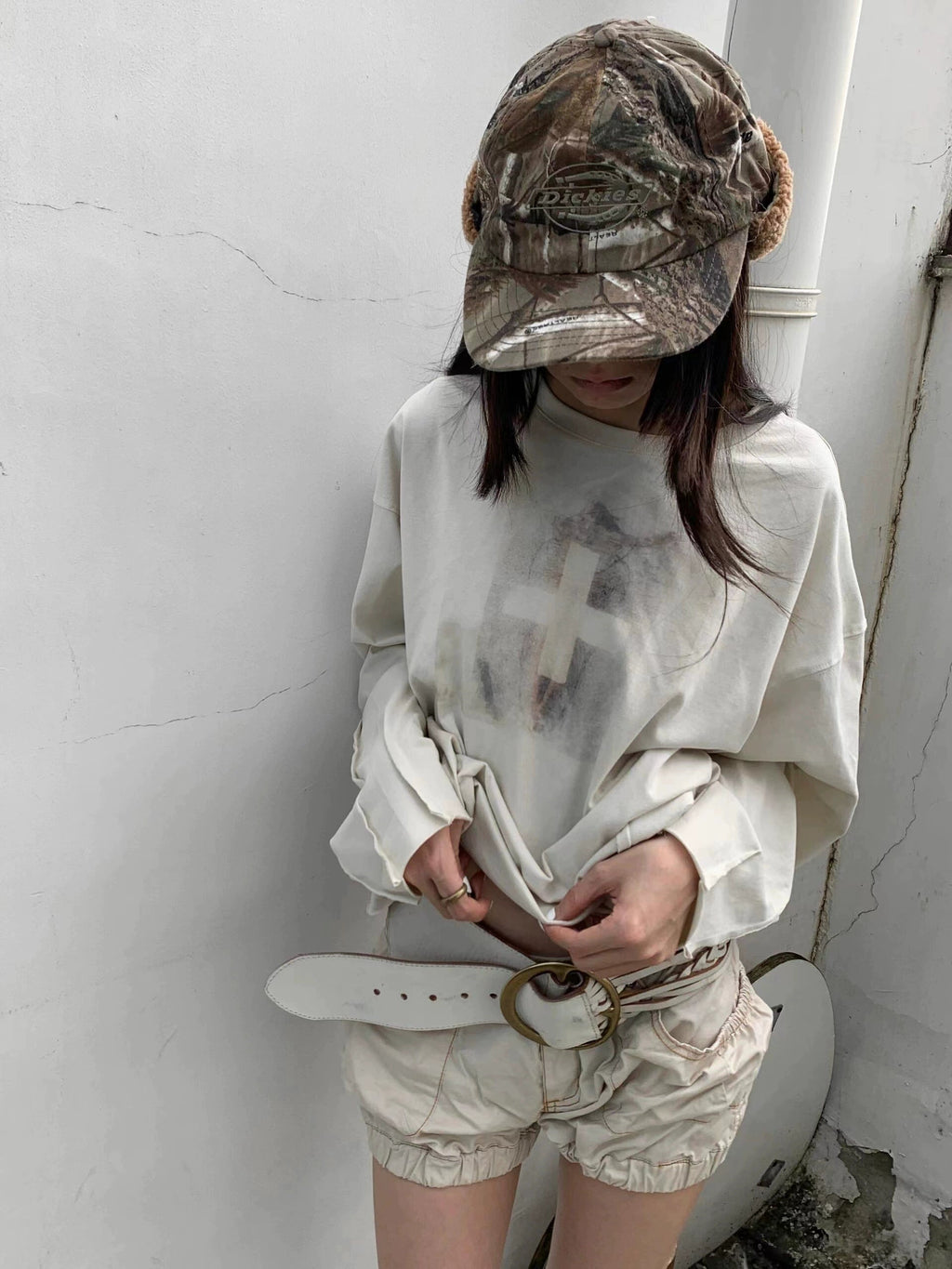 Beige Pleat Long Sleeve Tee - detail