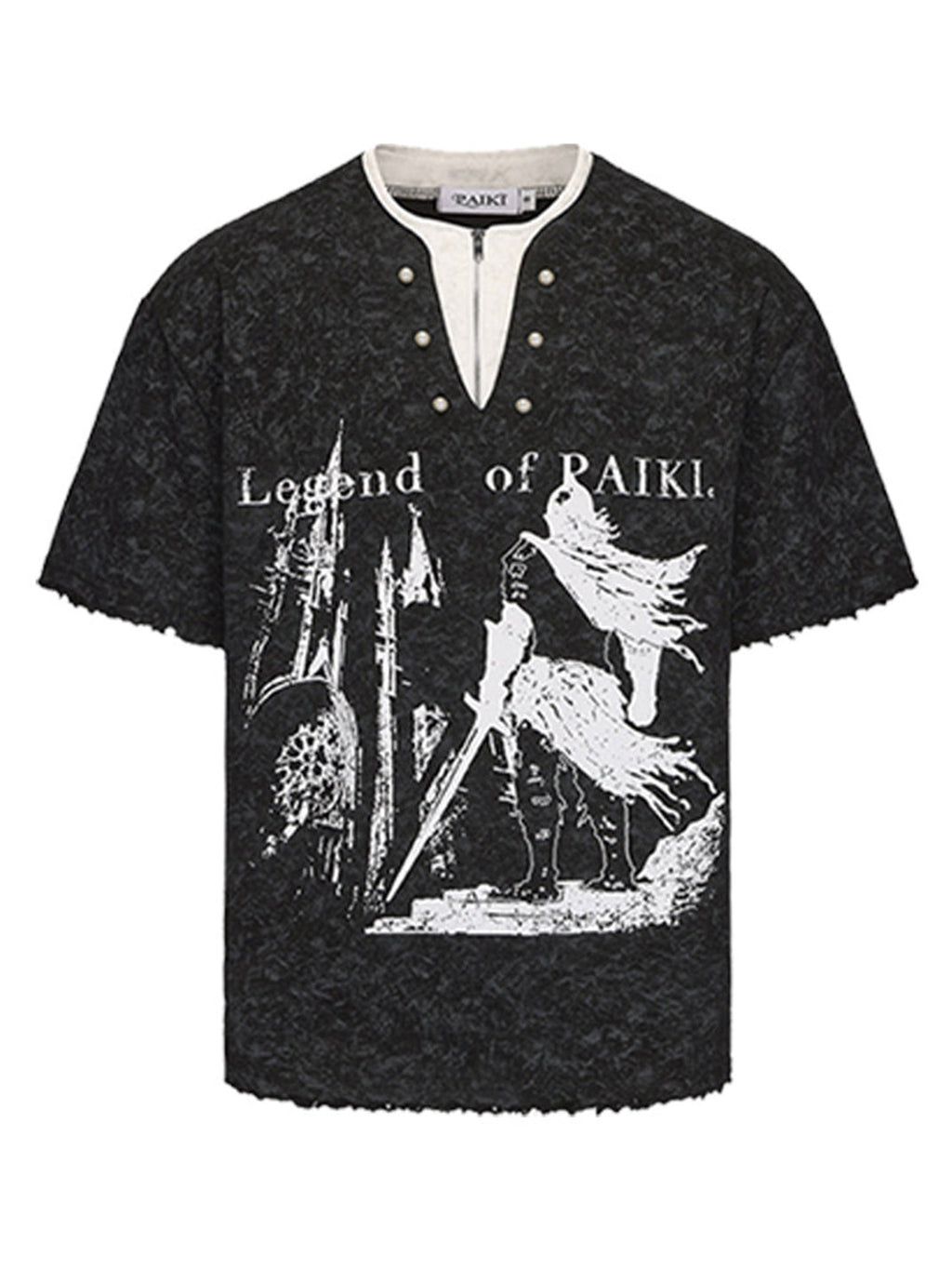 PAIKI Henry Collar Pearl Button Fake Two-Piece T-Shirt