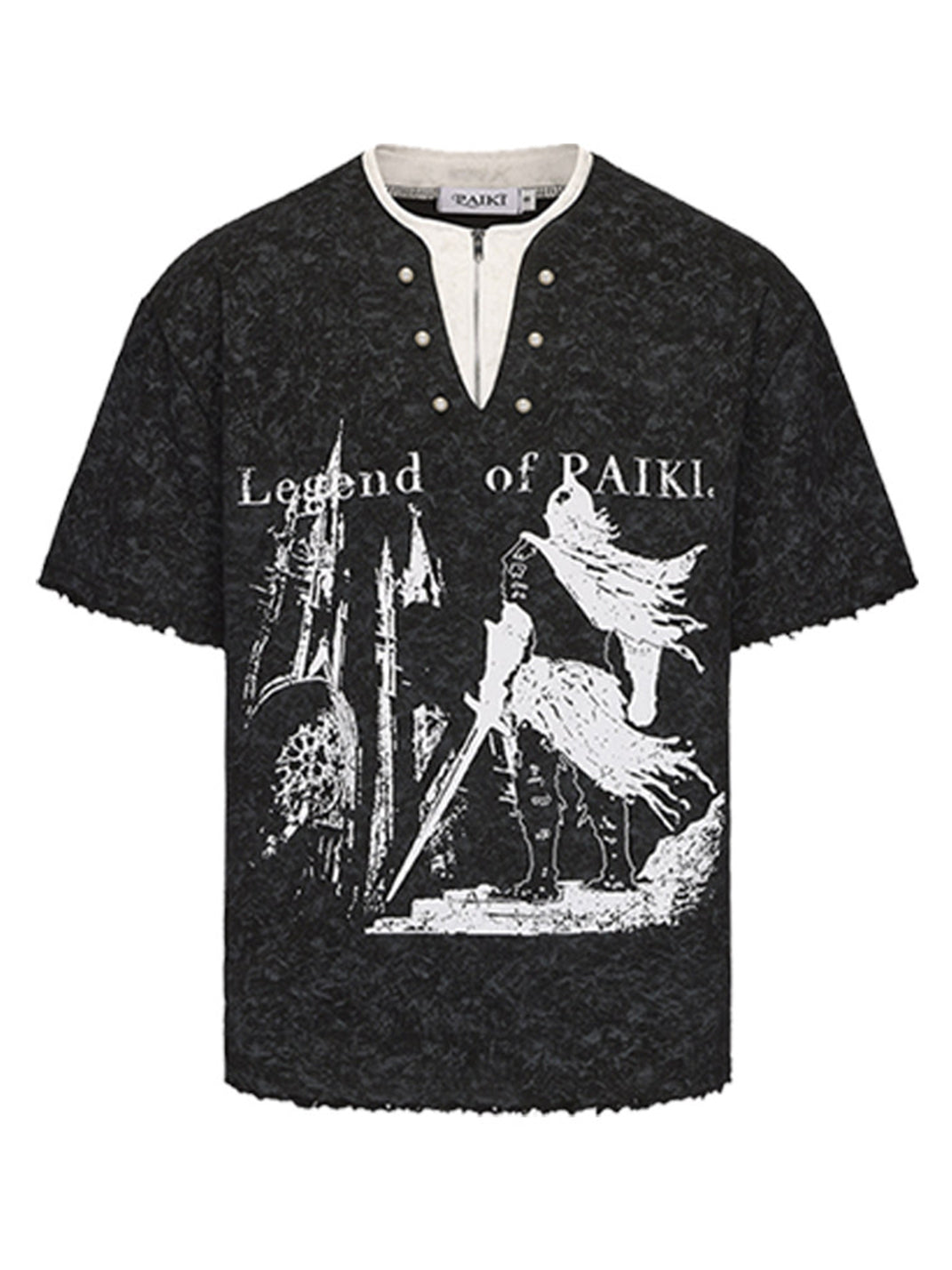 PAIKI Henry Collar Pearl Button Fake Two-Piece T-Shirt