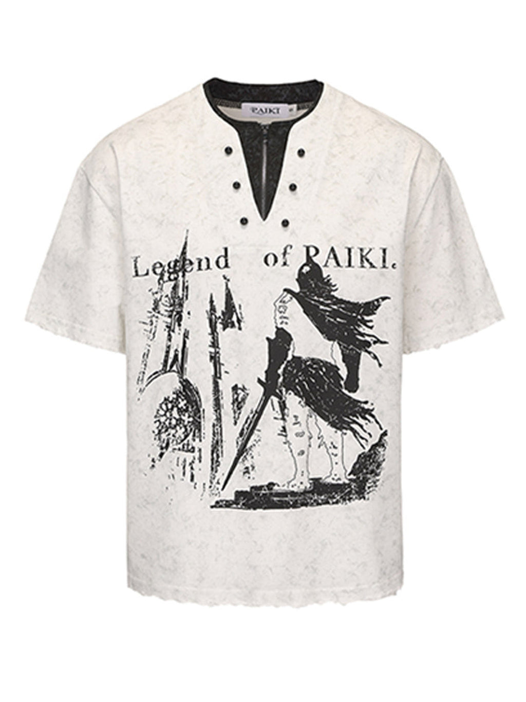 PAIKI Henry Collar Pearl Button Fake Two-Piece T-Shirt