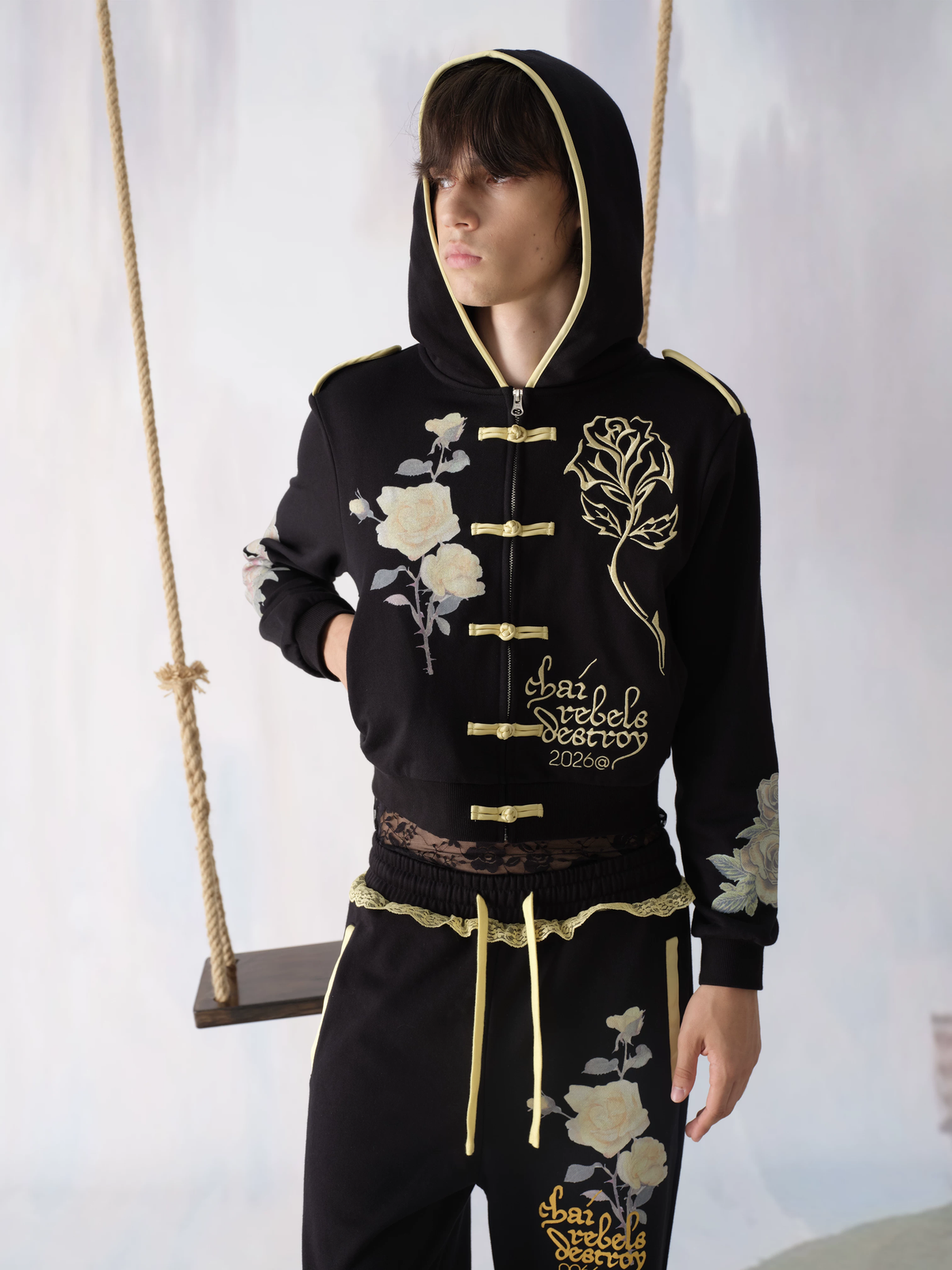 Black Floral Embroidered Zip Hoodie – "Chai Rebels Destroy" Graphic