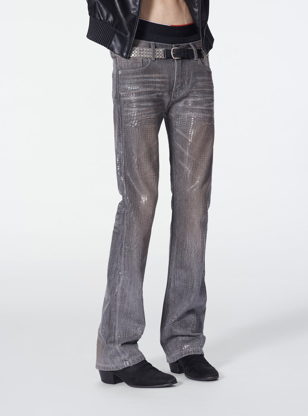 Rust wash sequin denim close-up