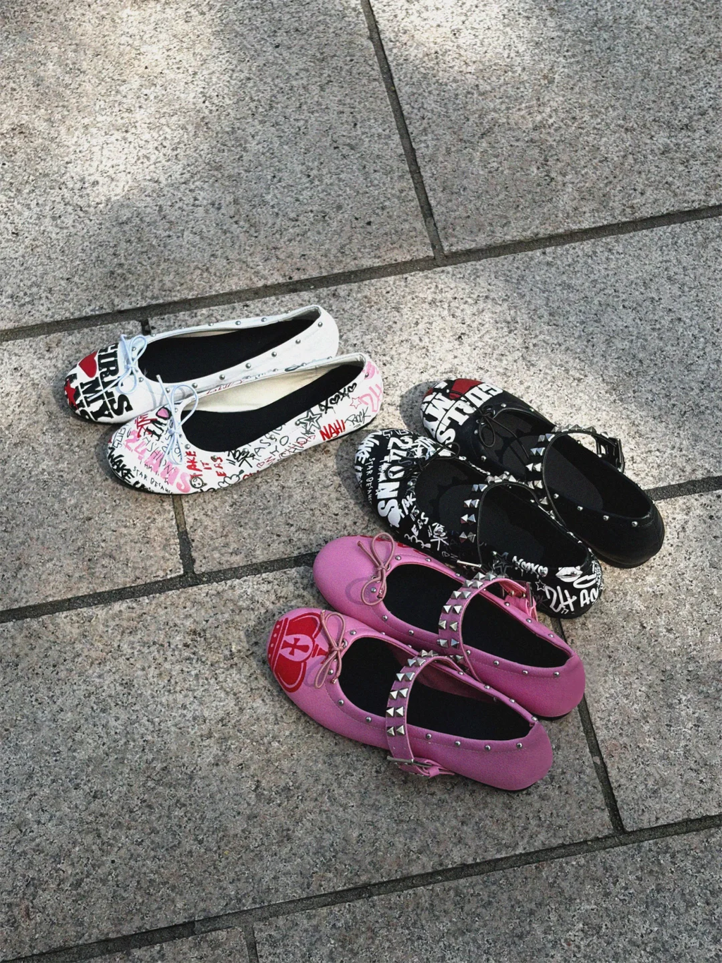 24ANS STUDDED GRAFFITI MARY JANE BALLET FLATS