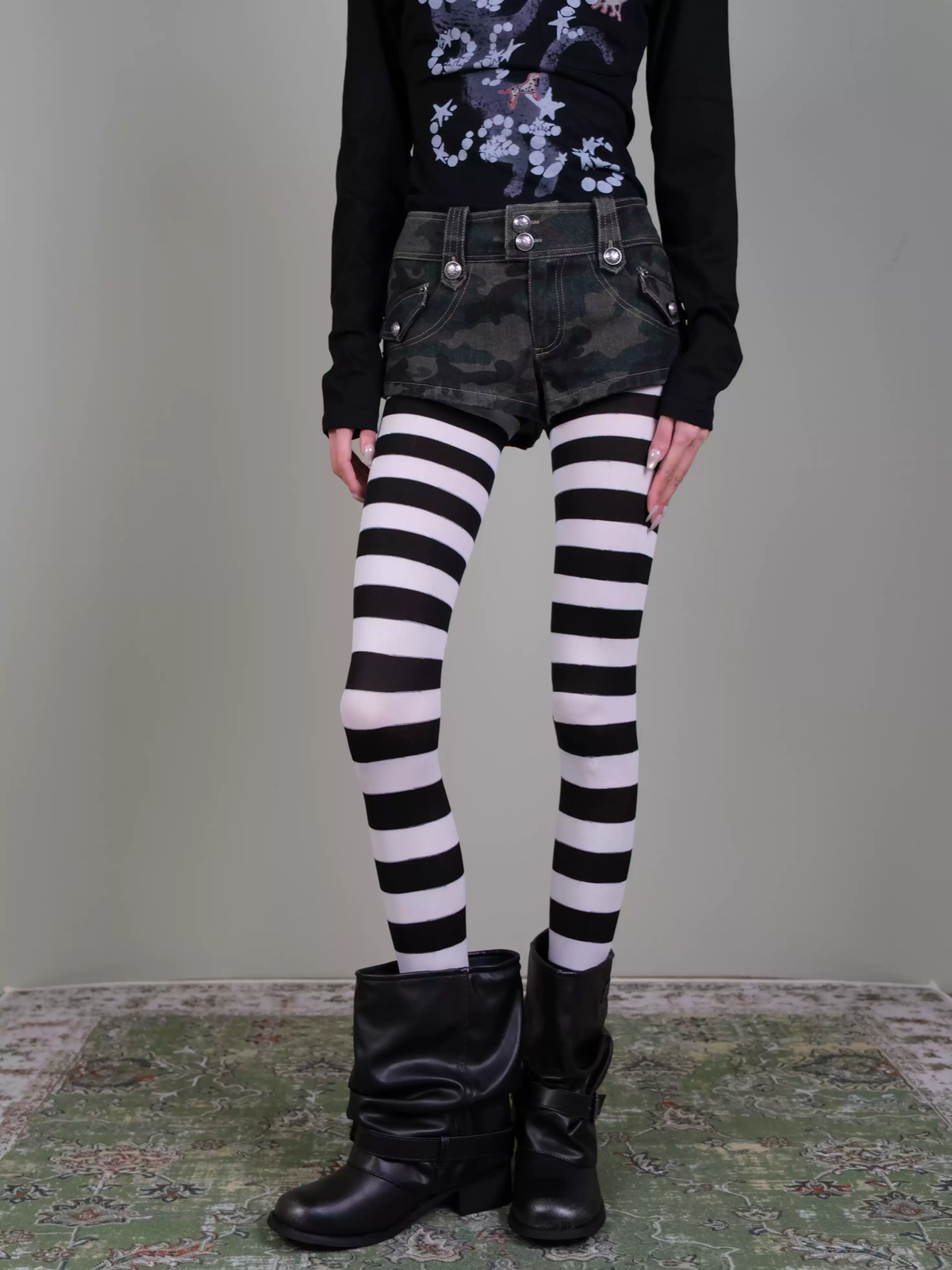 Black & White Striped Tights - Sweet-Cool Gothic Y2K Opaque Stockings