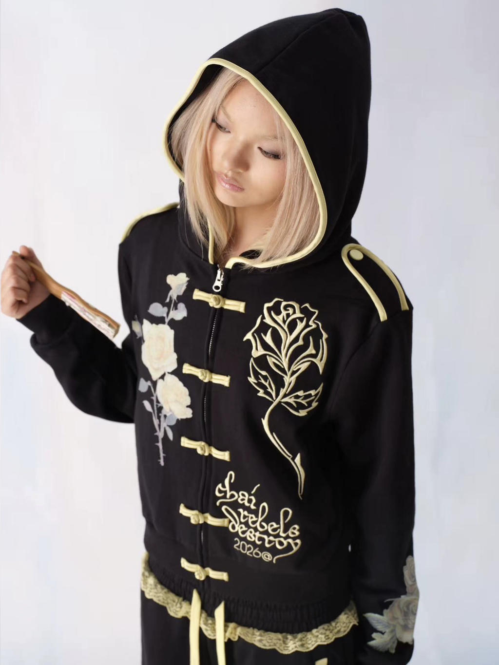 Black Floral Embroidered Zip Hoodie – "Chai Rebels Destroy" Graphic