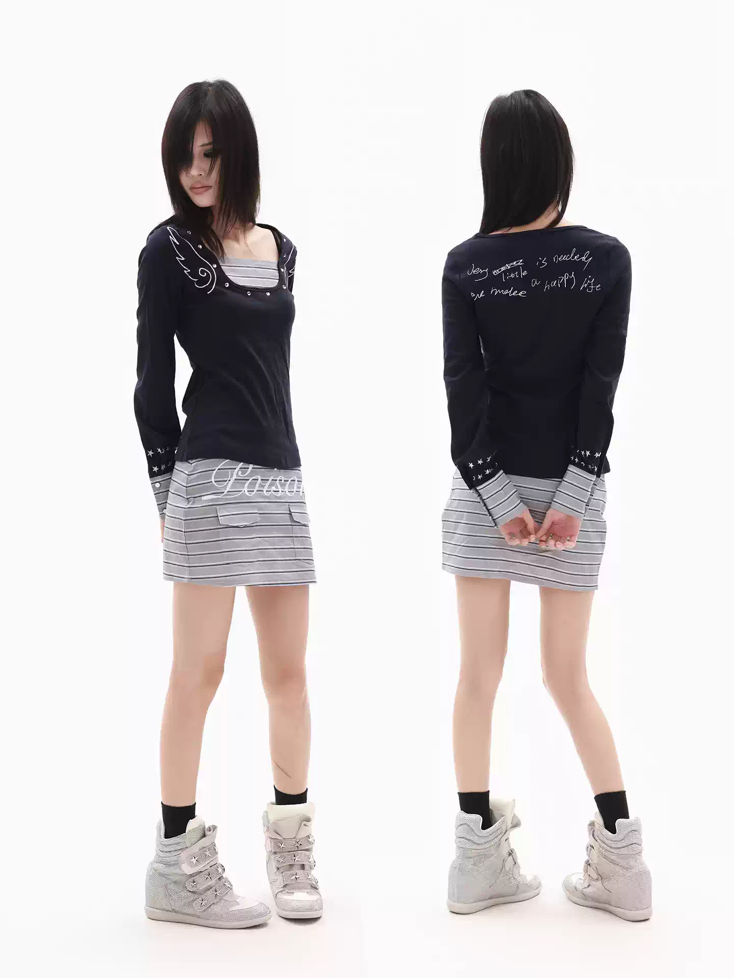DETW Angel Slogan Reversible Embroidered Stripe Mini Skirt