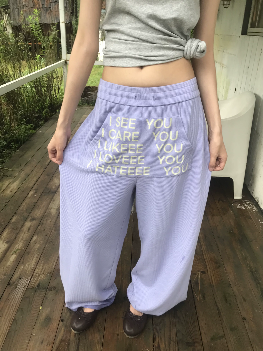Lavender Wide-Leg Sweatpants – "I See You" Text Print