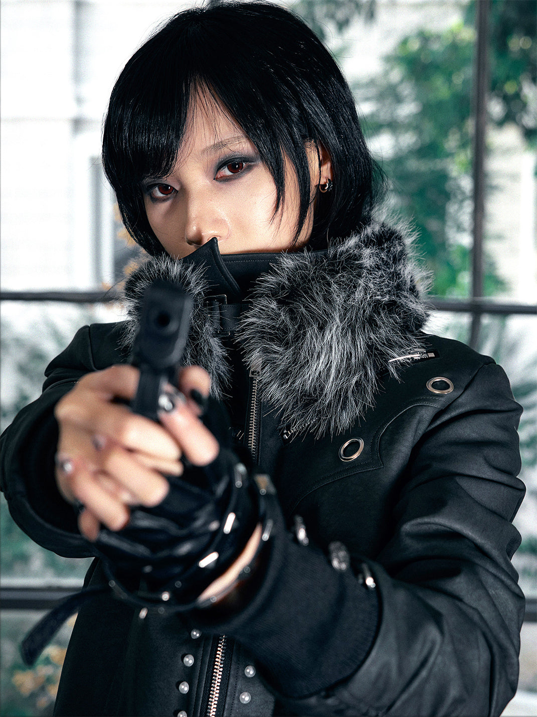 PAIKI Pearl-Washed Leather Jacket with Fur Collar