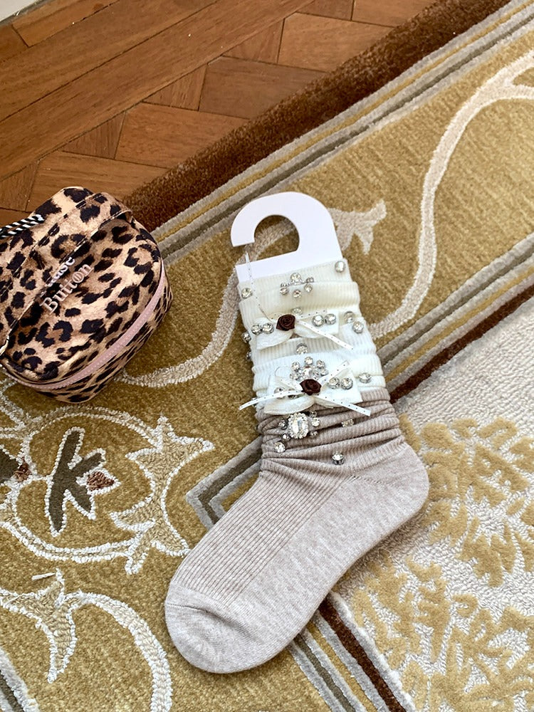 Rhinestone Bow Embellished Knit Calf Socks