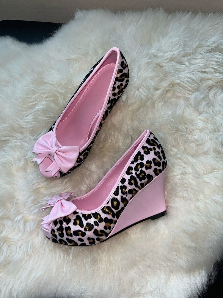 Gyaru leopard print 9cm slope heel shoes with bow