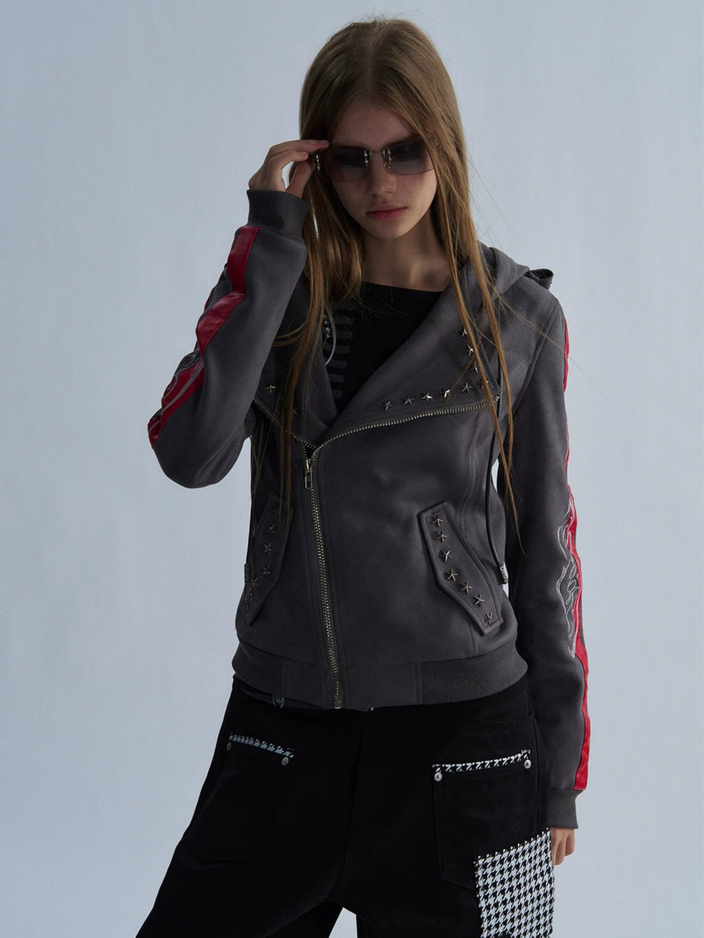 PAIKI Studded Hooded Slim Fit Biker Jacket