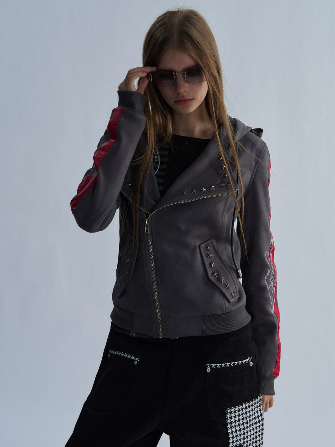 PAIKI Studded Hooded Slim Fit Biker Jacket