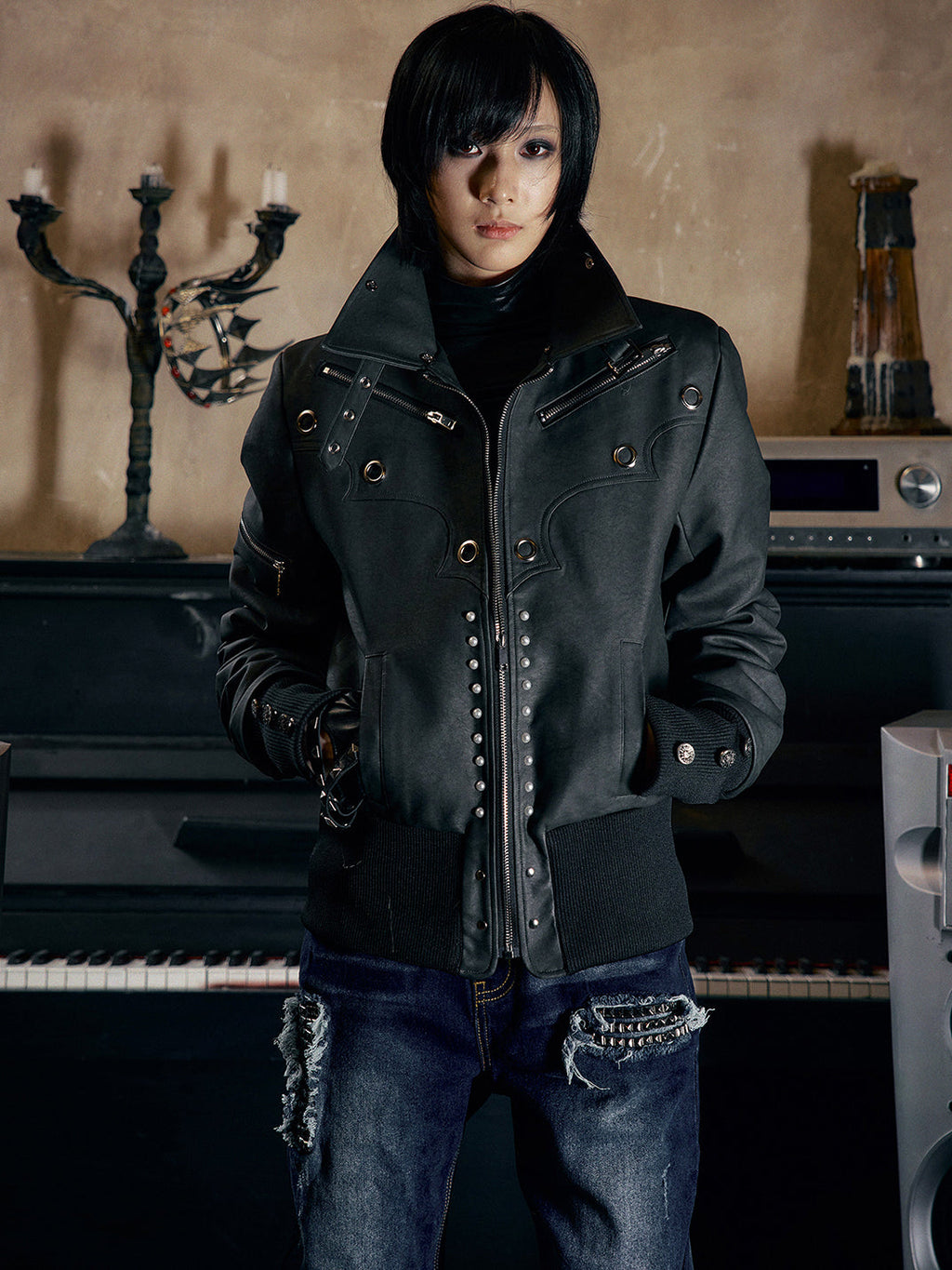 PAIKI Pearl-Washed Leather Jacket with Fur Collar