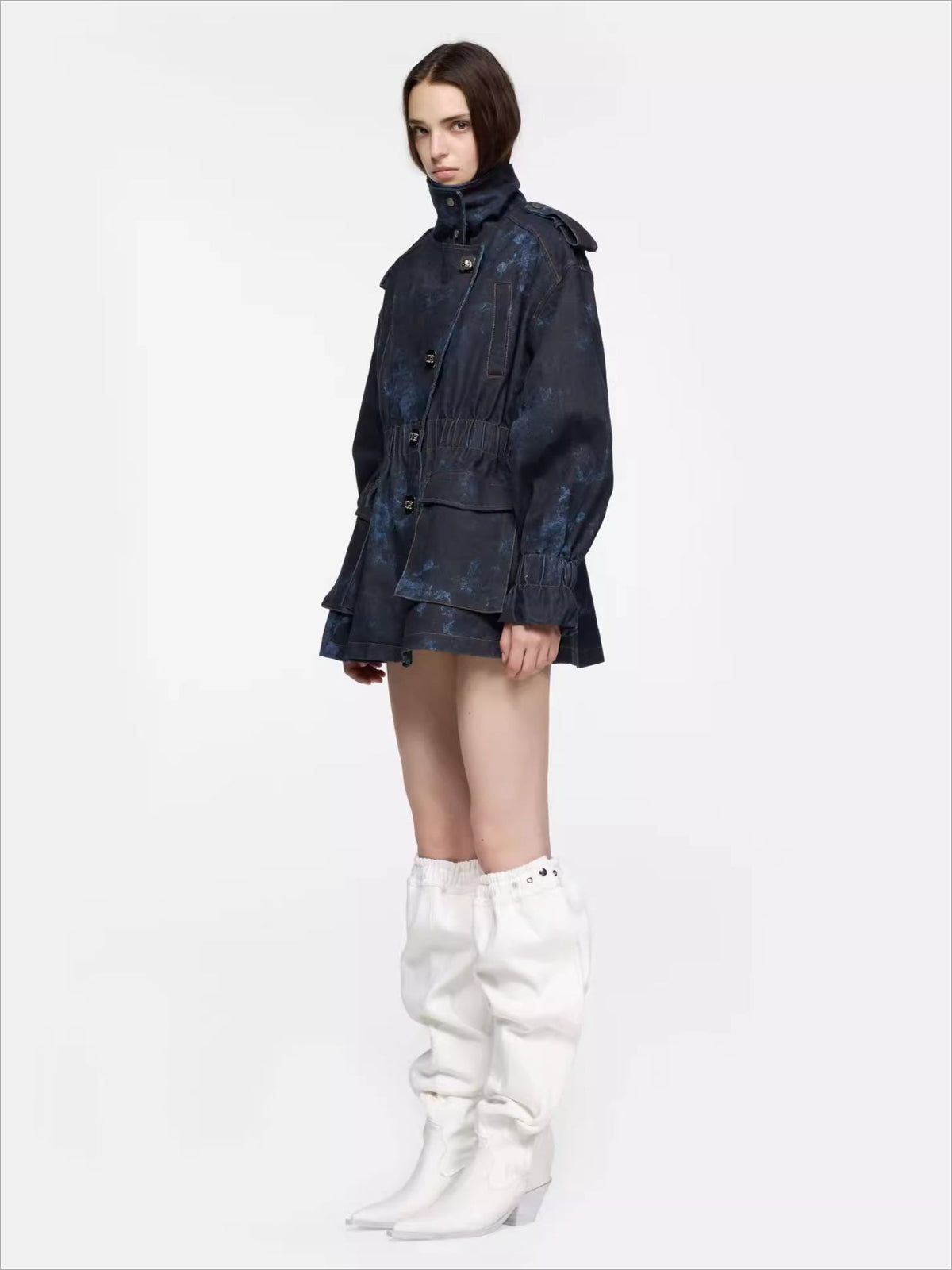 24ANS Slouchy Printed Denim Heeled Boots – Ruched Leg-Lengthening Boots