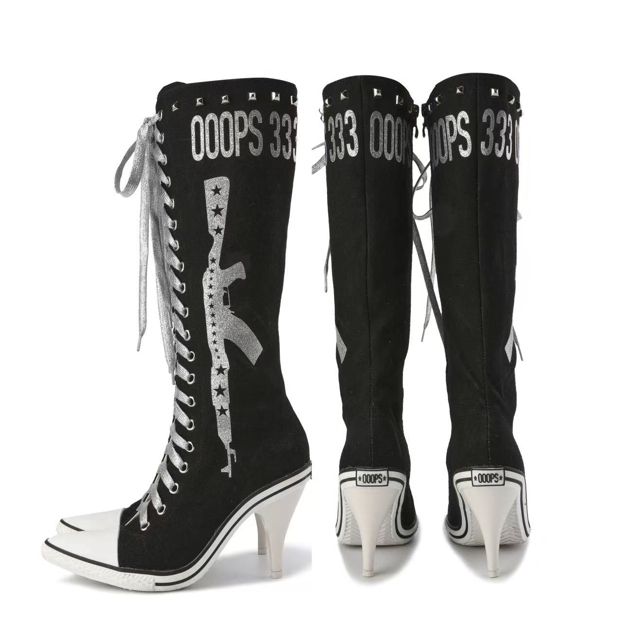 Ooops333 Studded Glitter Canvas Lace-Up Knee-High Boots