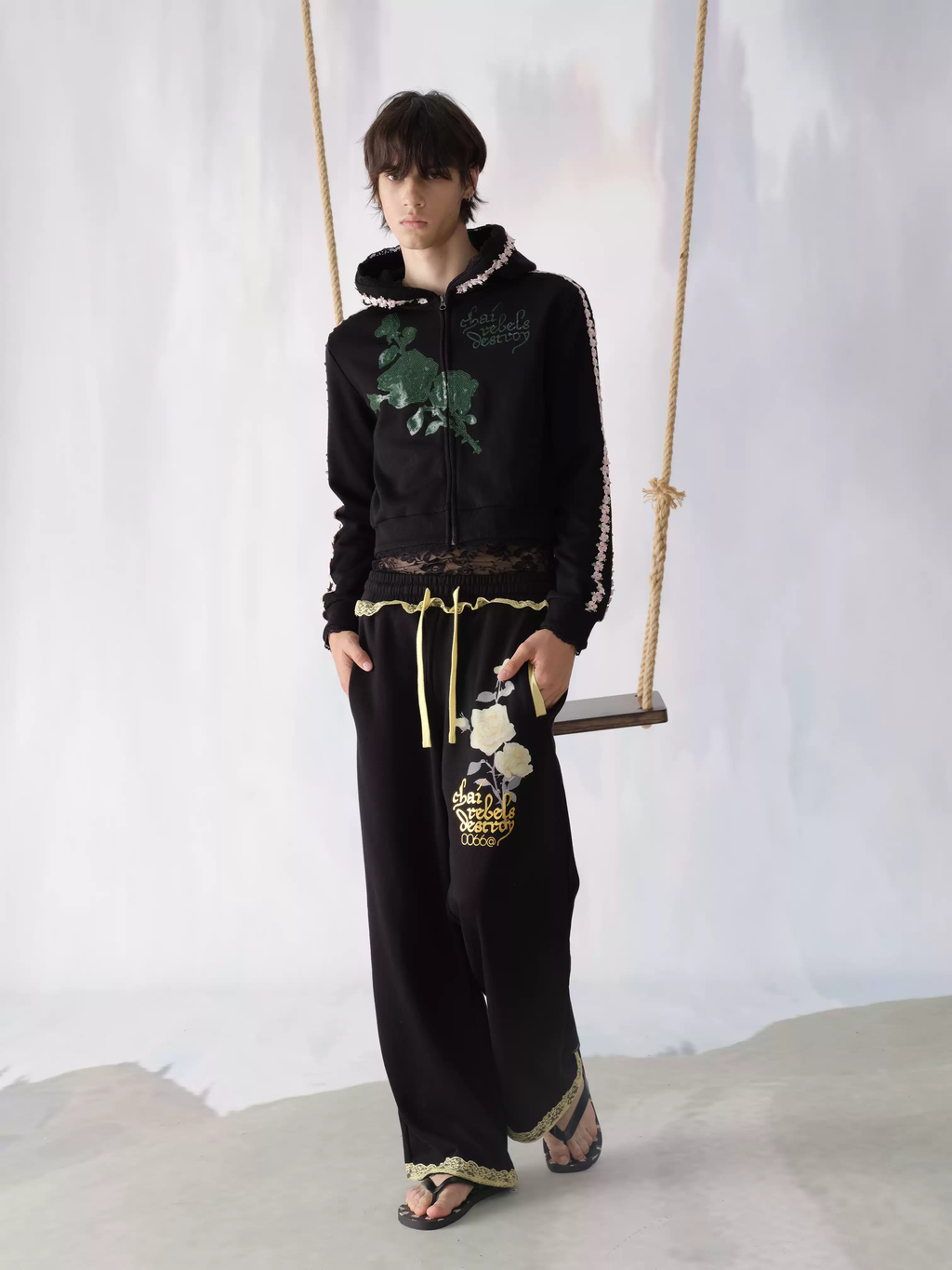 Black Floral Embroidered Sweatpants – "Chai Rebels Destroy" Graphic