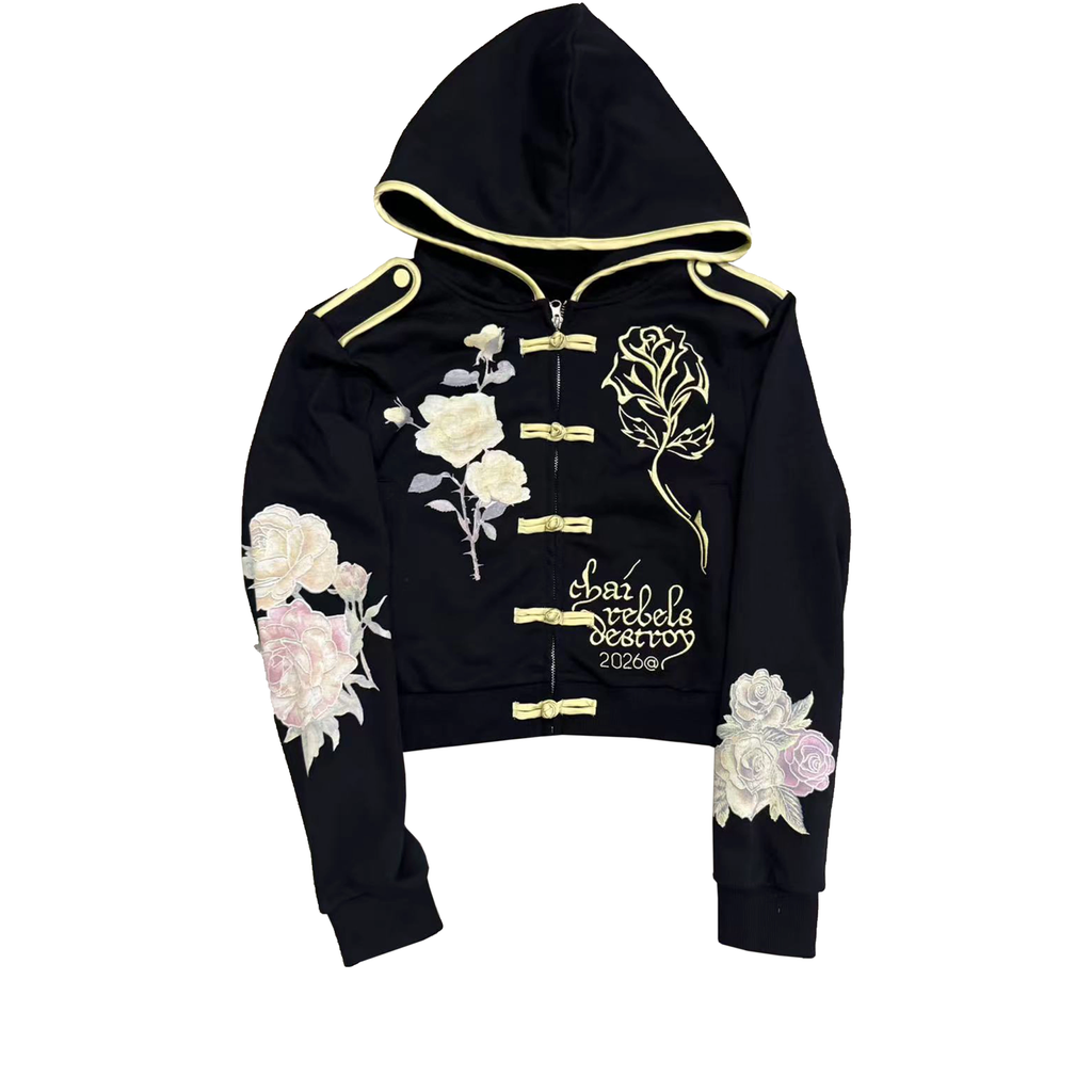 Black Floral Embroidered Zip Hoodie – "Chai Rebels Destroy" Graphic