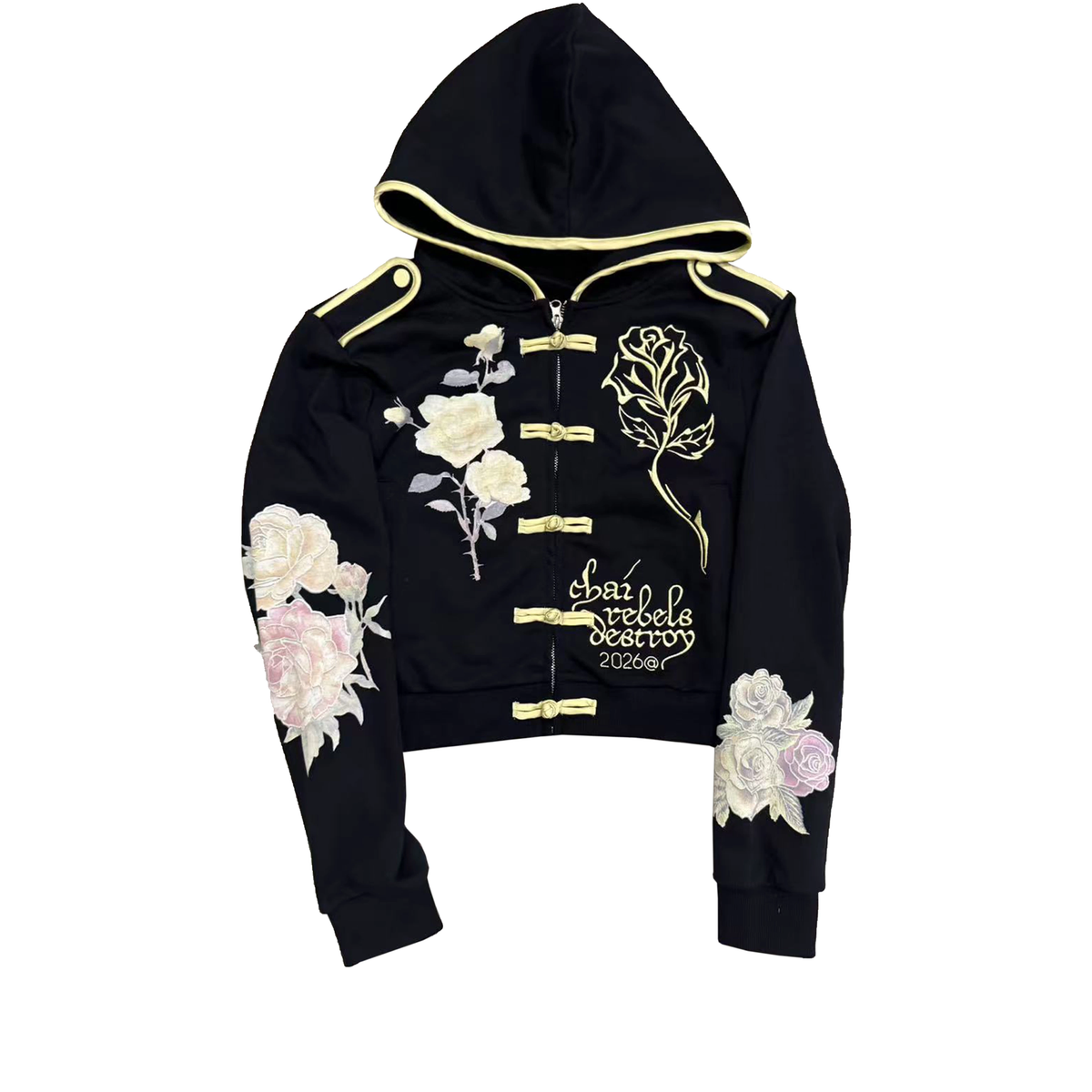 Black Floral Embroidered Zip Hoodie – "Chai Rebels Destroy" Graphic