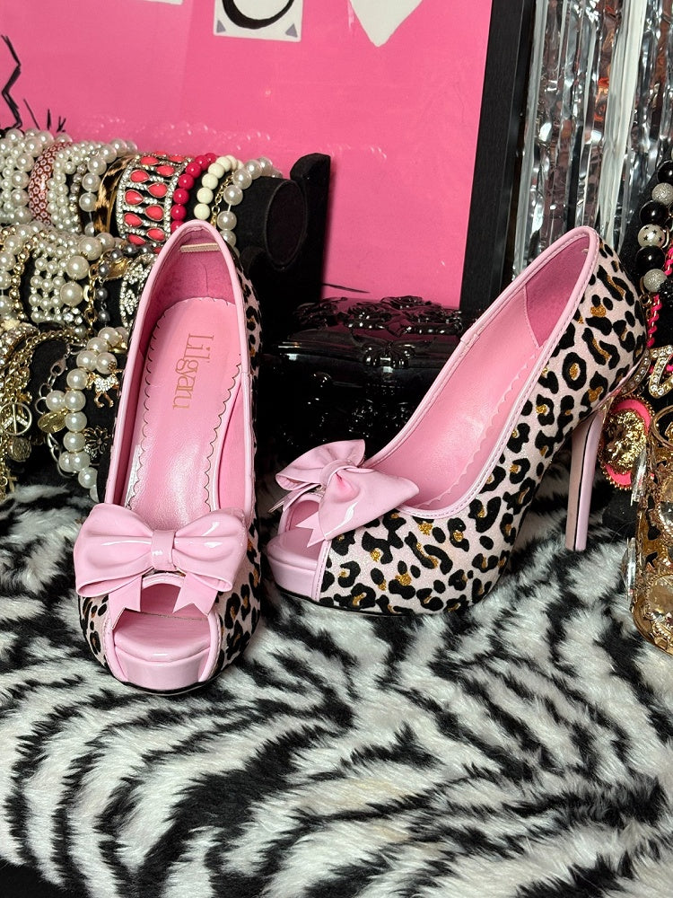 Gyaru Platform High Heels – 12.7cm Flocked Fish Mouth Shoes with Leopard Print & Bow