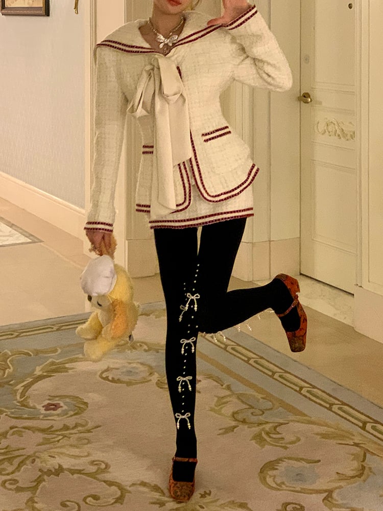 Warm Slim-Fit Tights with Beaded Bowknot Decoration