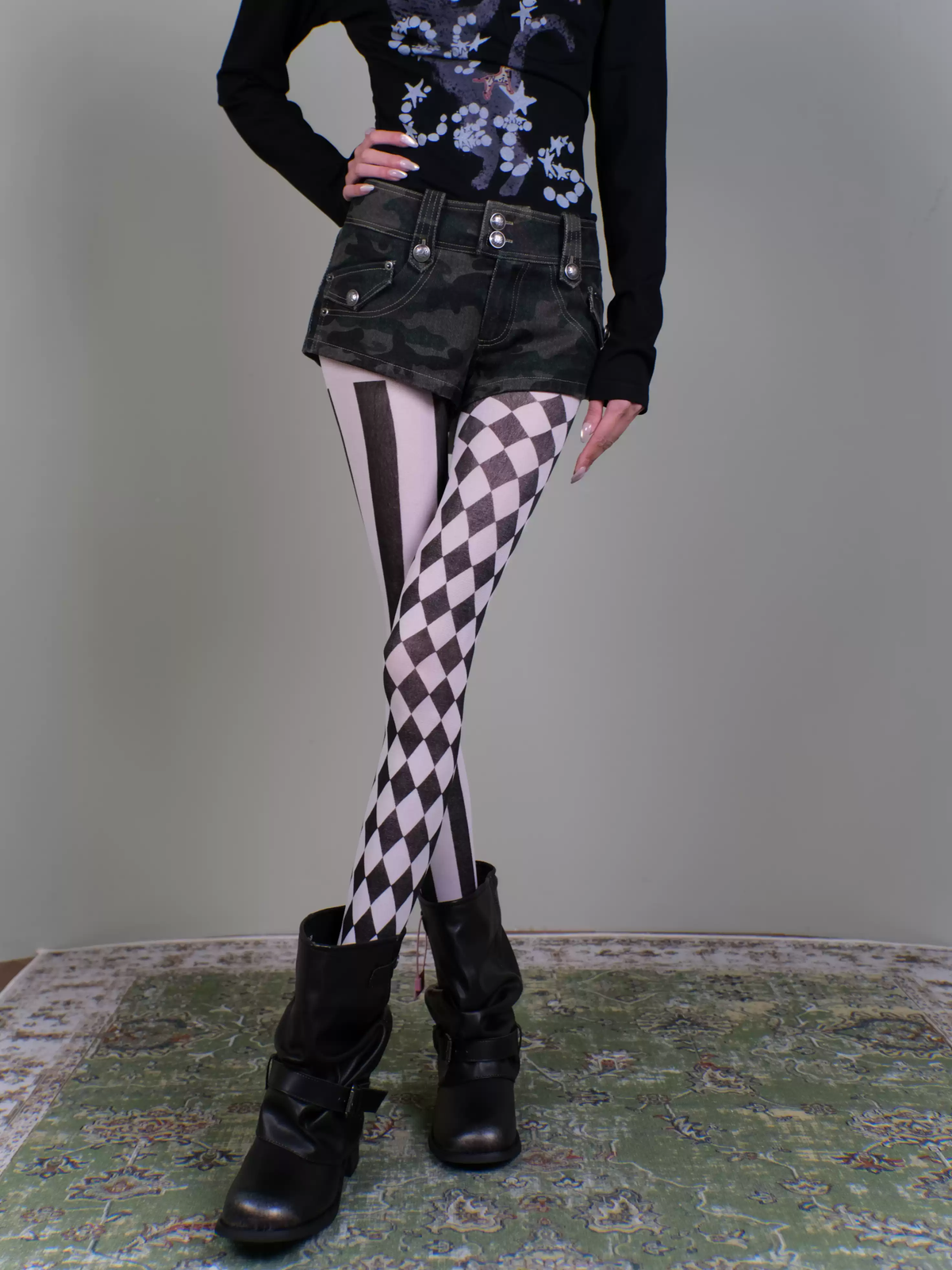 Harlequin Diamond & Vertical Stripe Mismatched Tights - Black & White Gothic AB Style