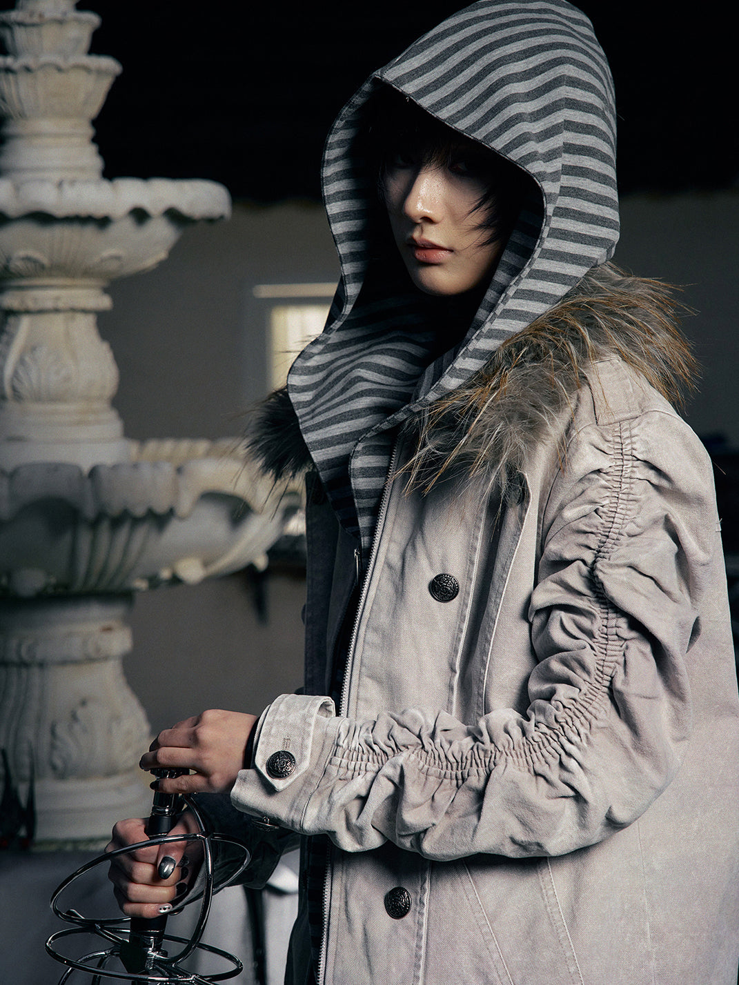 PAIKI "Silent Shadow" Detachable Fur Collar Canvas Double-Breasted Jacket