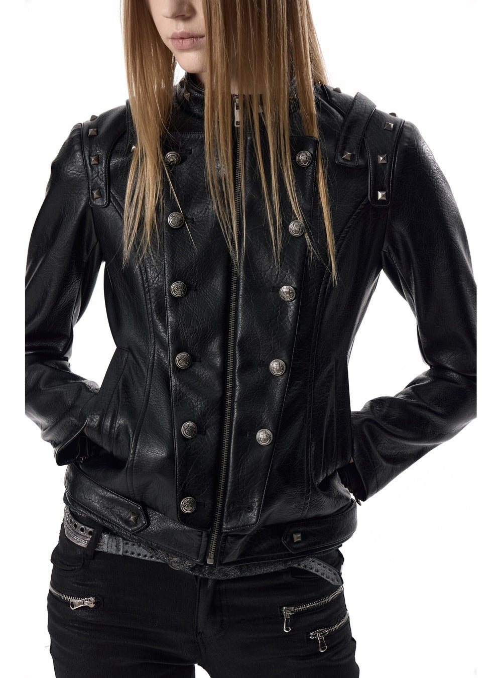 Studded double breasted jacket close-up