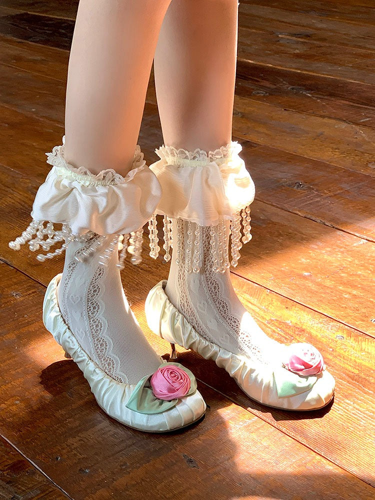 White Pearl Tassel Ankle Socks with Lace Trim