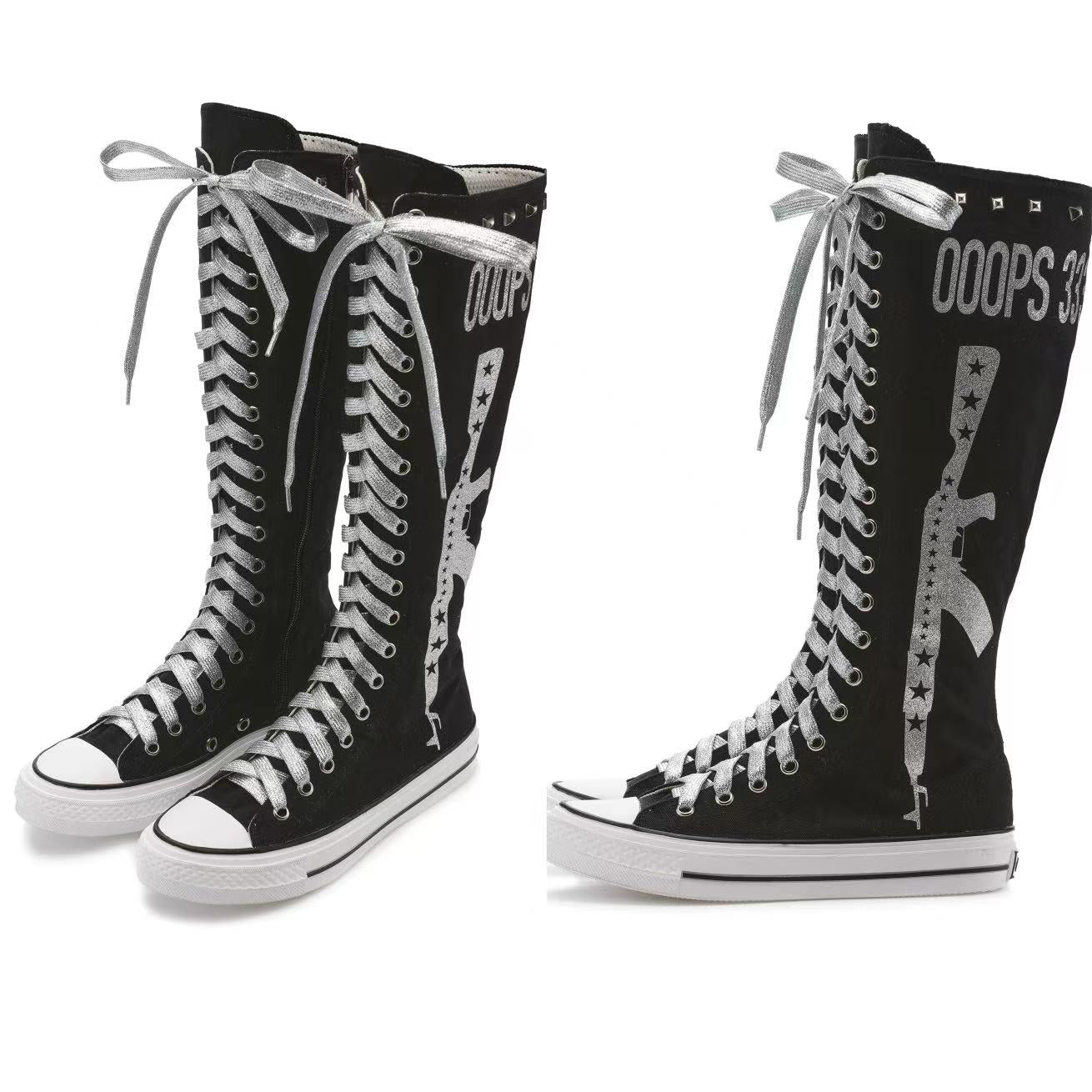 Ooops333 Studded Glitter Canvas Knee-High Lace-Up Boots