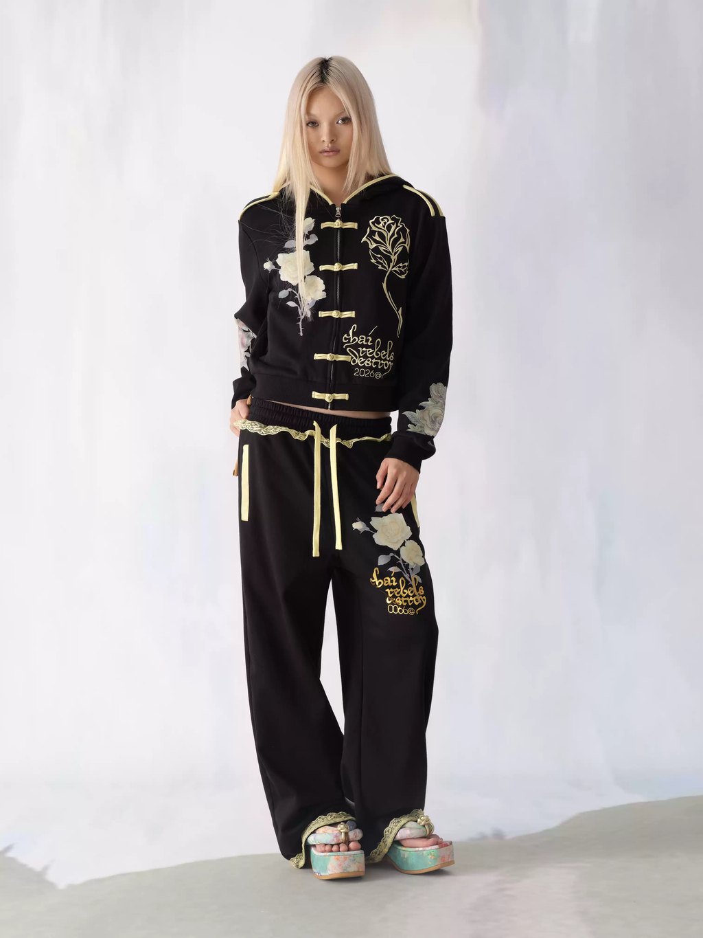 Black Floral Embroidered Sweatpants – "Chai Rebels Destroy" Graphic