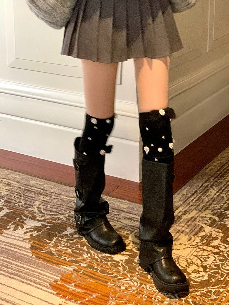 Heart Rhinestone & Pearl Embellished Ribbed Knit Stockings