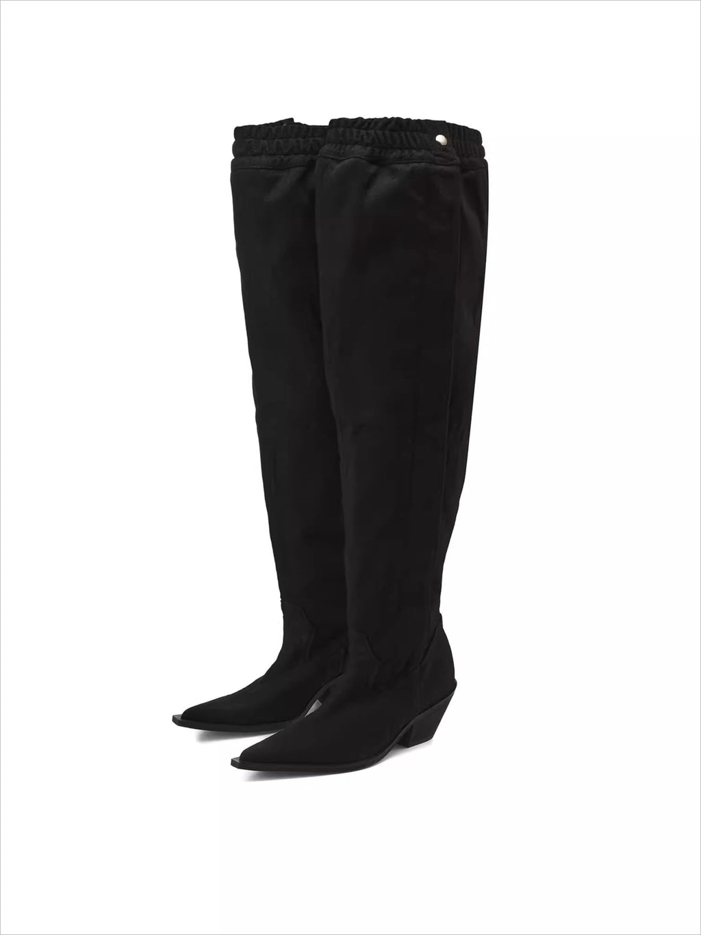 24ANS Slouchy Printed Denim Heeled Boots – Ruched Leg-Lengthening Boots
