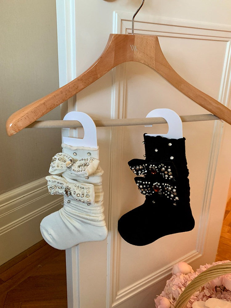 Oversized Rhinestone Bow Knit Calf Socks