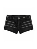 PAIKI Low-Rise Distressed Black Denim Shorts with Multi-Zip and Frayed Hem